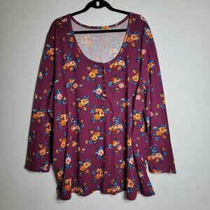 Woman Within Floral Top 3X 30/32 Oversized Long Sleeve Cotton‎ Pullover Stretch